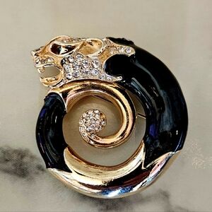 Vintage Black Enamel Crystal Panther Brooch Pin Jewelry Gold Tone